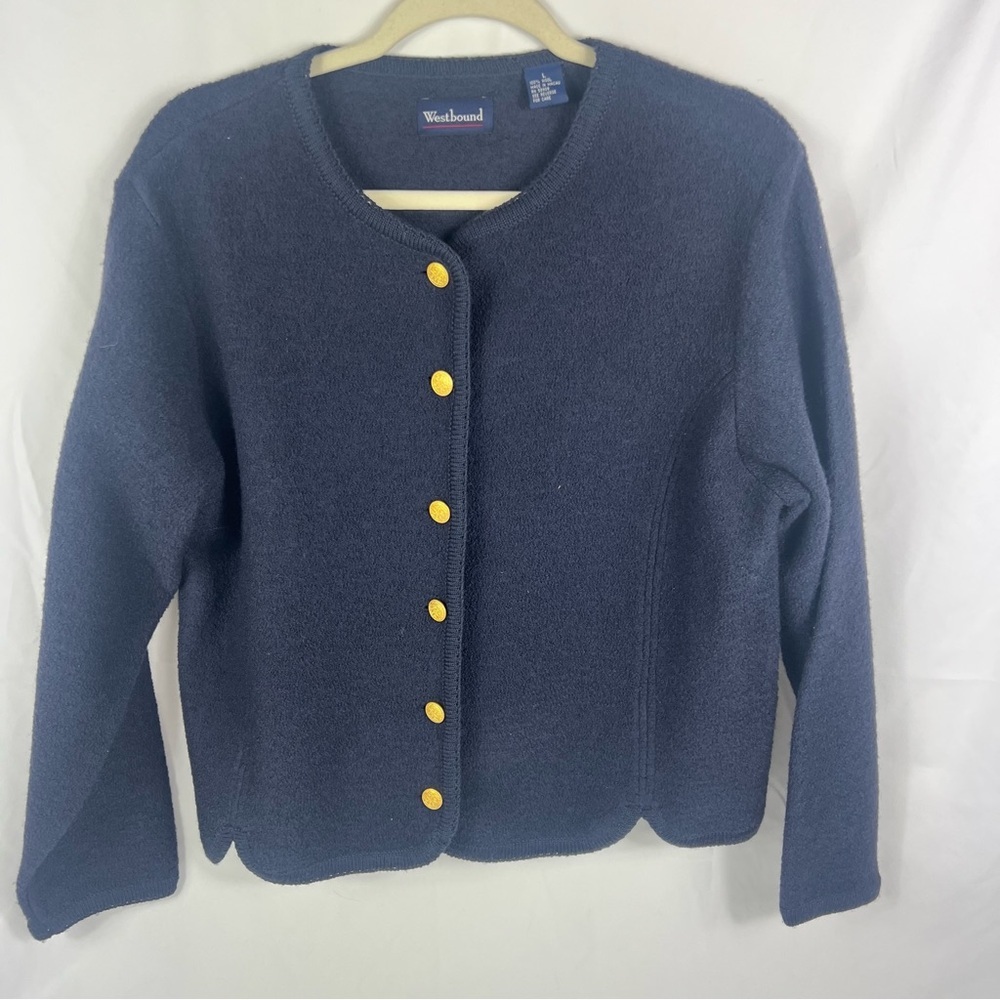 Westbound Navy Blue 100% Wool Cardigan with Gold Buttons
